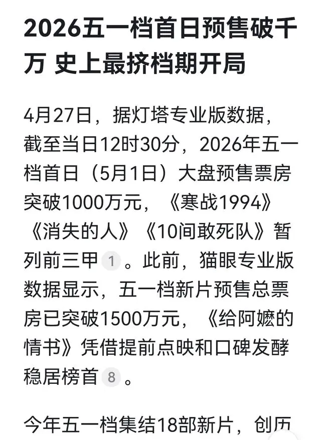 2026五一档首日预售破千万，《寒战1994》《消失的人》《10间敢死队》领跑 | 资讯配图